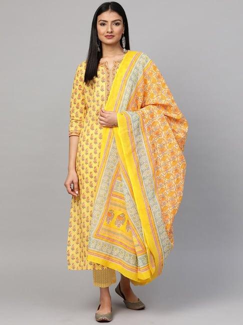 sringam yellow cotton printed kurta pant set with dupatta
