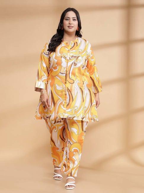 sringam yellow cotton printed kurti pant set