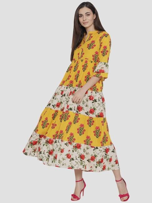 sringam yellow cotton printed maxi dress dress
