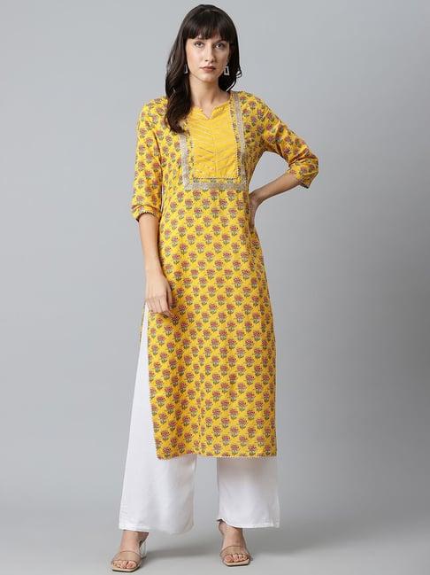 sringam yellow cotton printed straight kurta