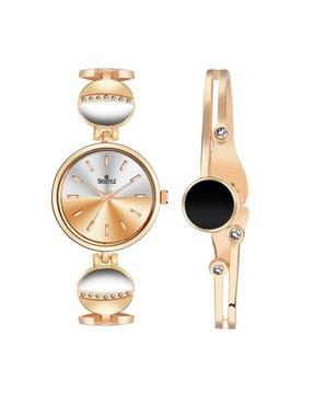 ss-lr705-rg-brac golden-plated stone-studded round shaped analogue watch