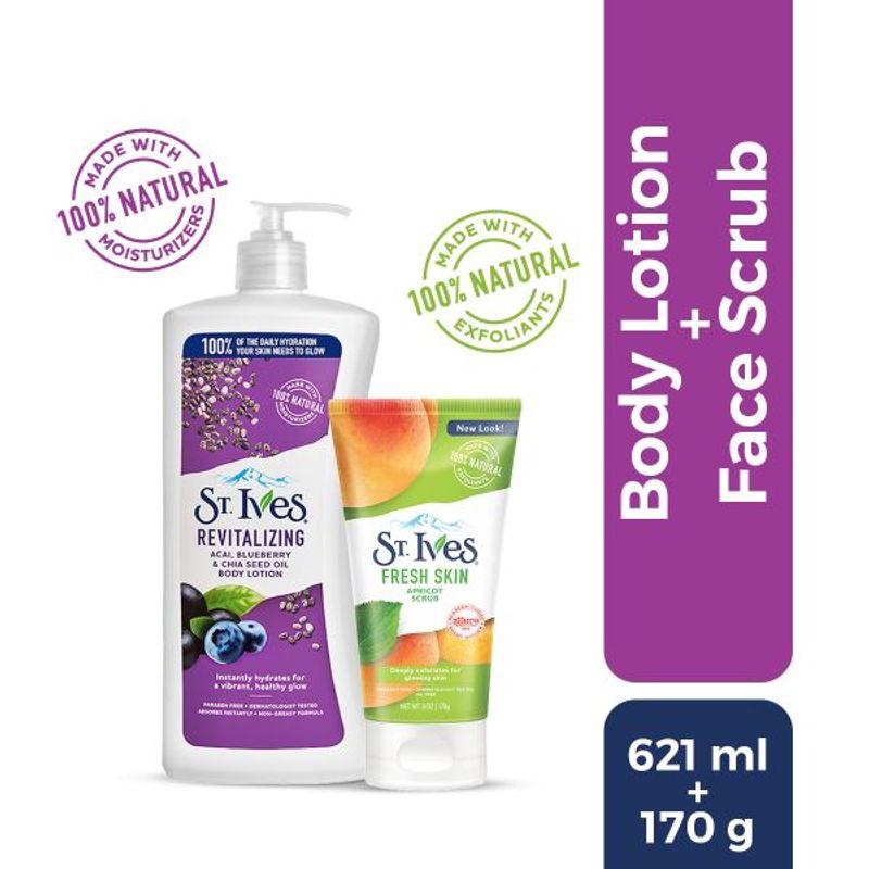 st. ives revitalizing acai blueberry & chia seed oil body lotion & apricot scrub combo