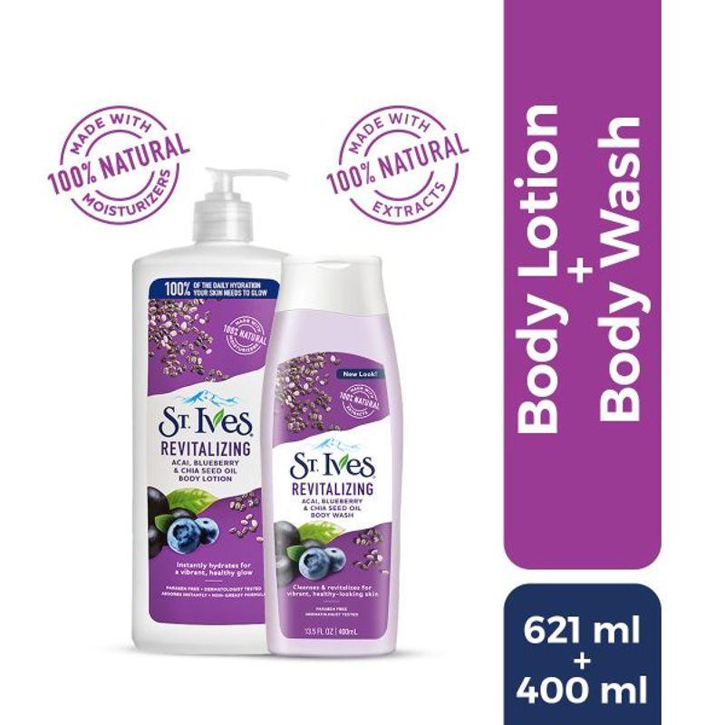 st. ives revitalizing acai blueberry & chia seed oil body wash & lotion combo