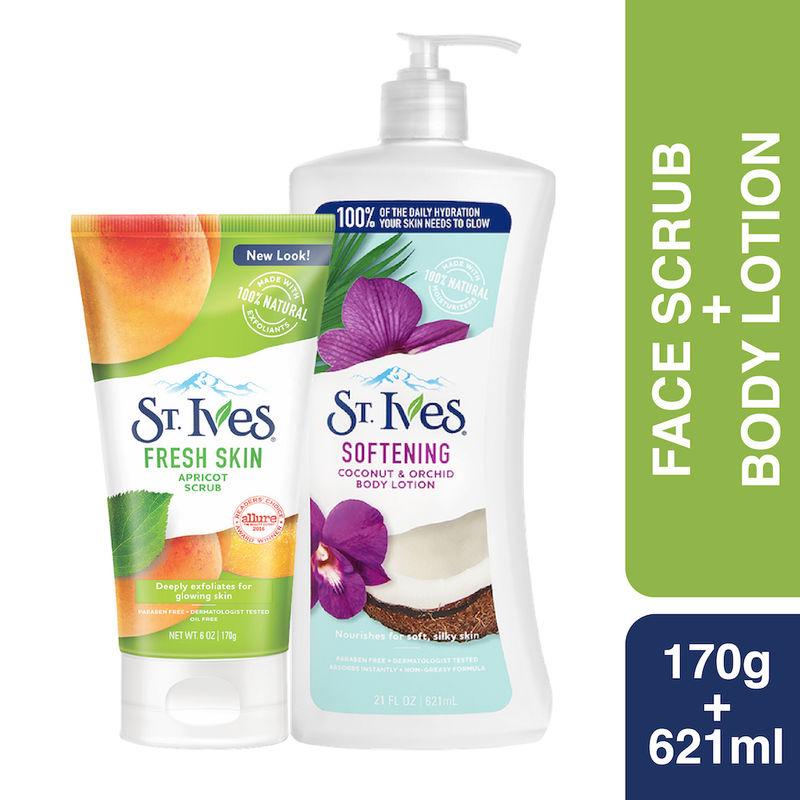 st. ives fresh skin apricot scrub & naturally softening coconut & orchid body lotion combo