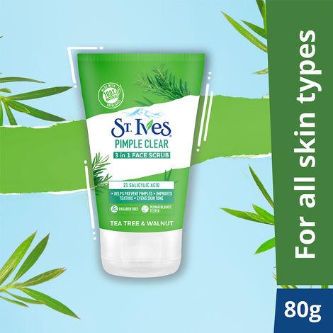 st. ives tea tree & walnut pimple clear 3 in 1 face scrub with 100% natural exfoliants & 2% salicylic acid improves skin texture 80g