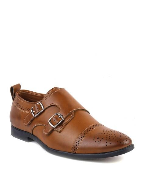 stacked heel monks with buckle fastening