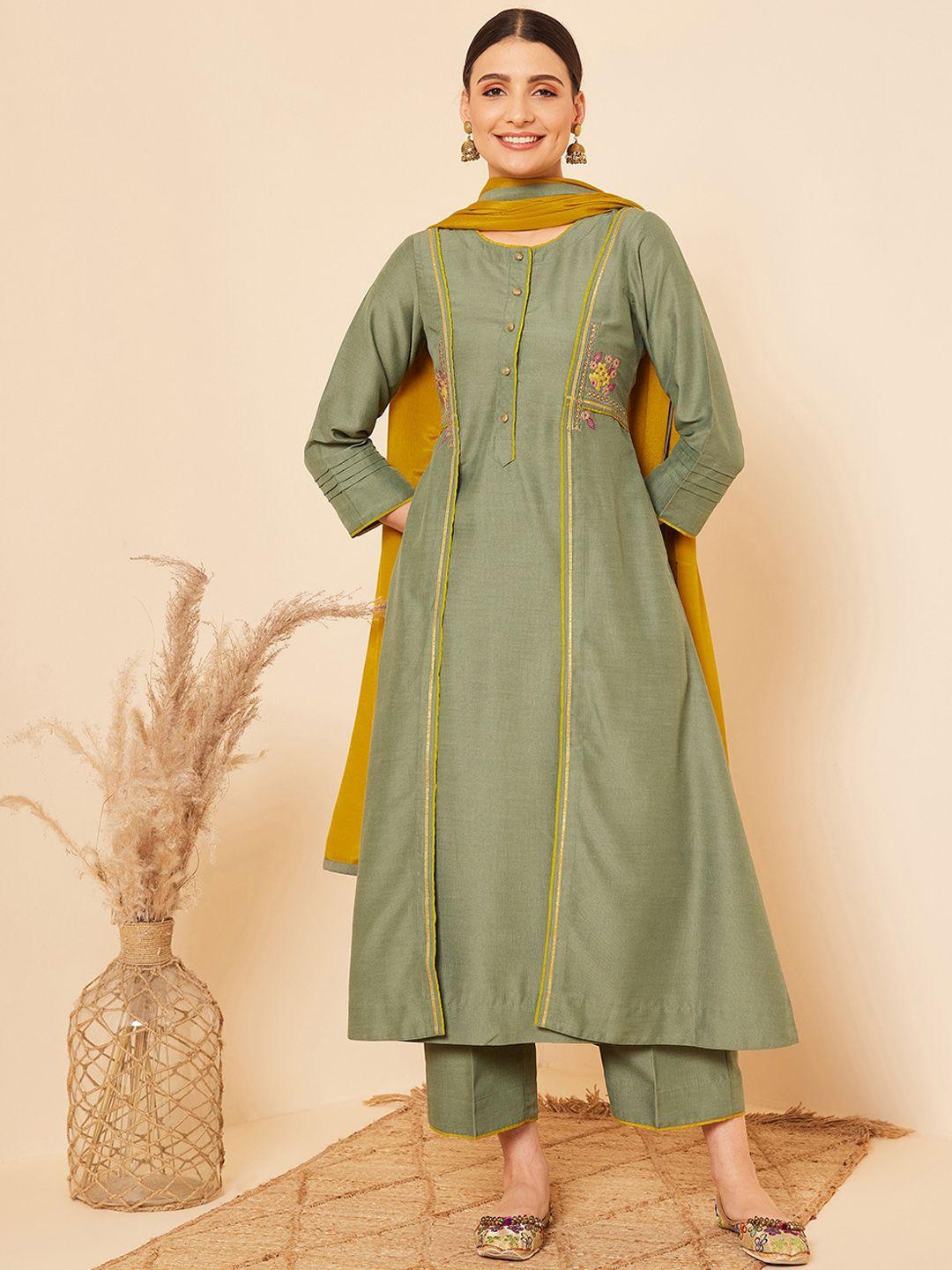 stado round neck long sleeves floral embroidered a line kurta with trousers & dupatta