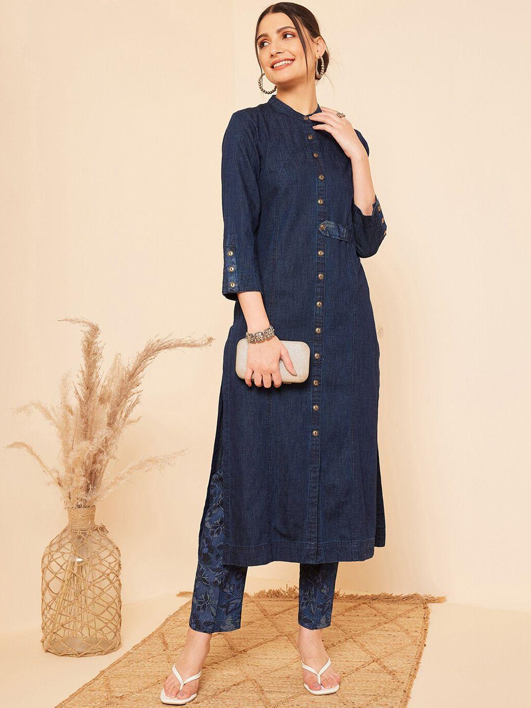 stado band collar pure cotton straight kurta with trouser