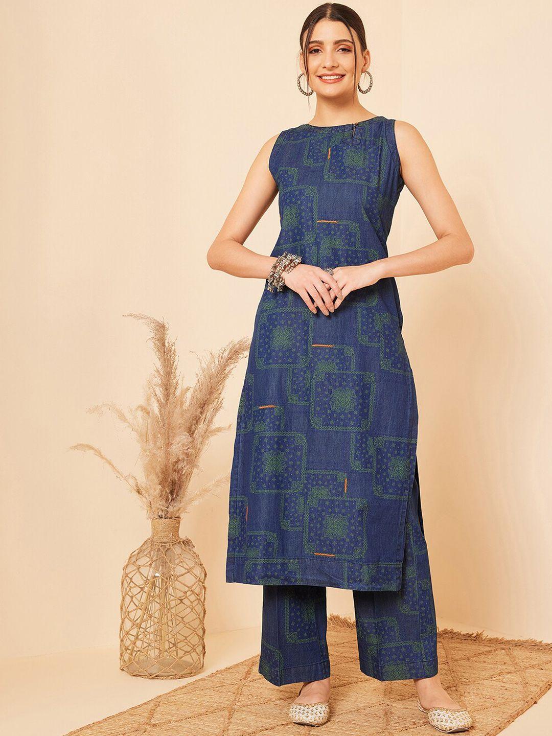 stado ethnic motifs printed sleeveless pure cotton kurta with palazzos