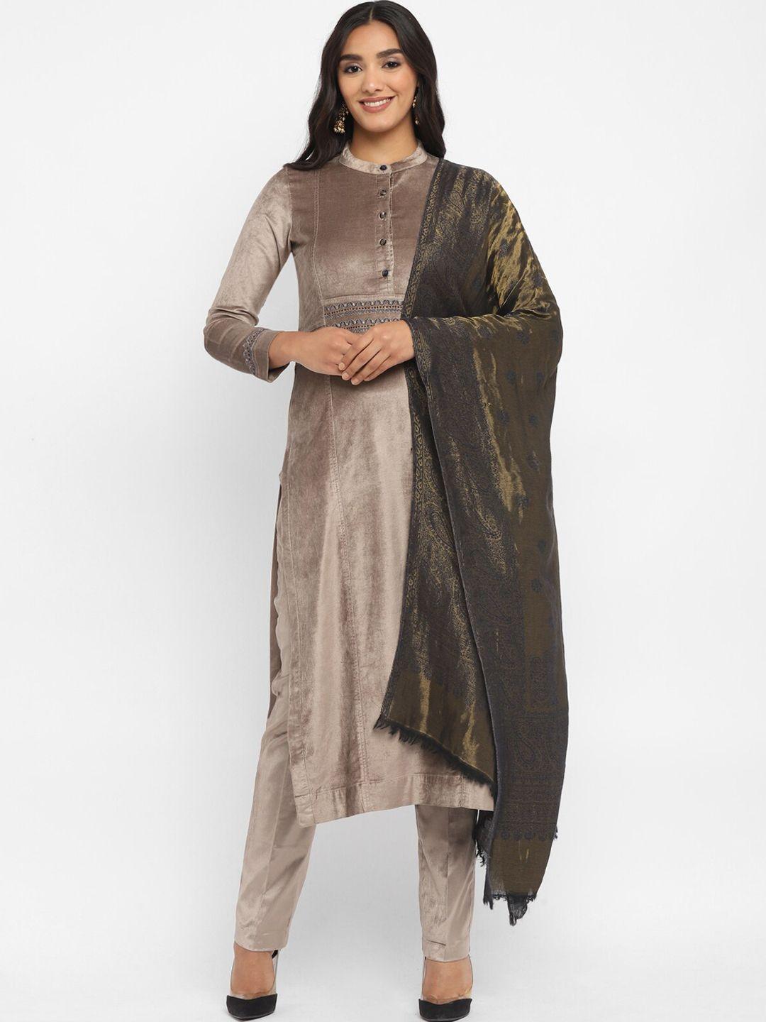 stado ethnic motifs yoke design thread work velvet kurta with trousers & dupatta