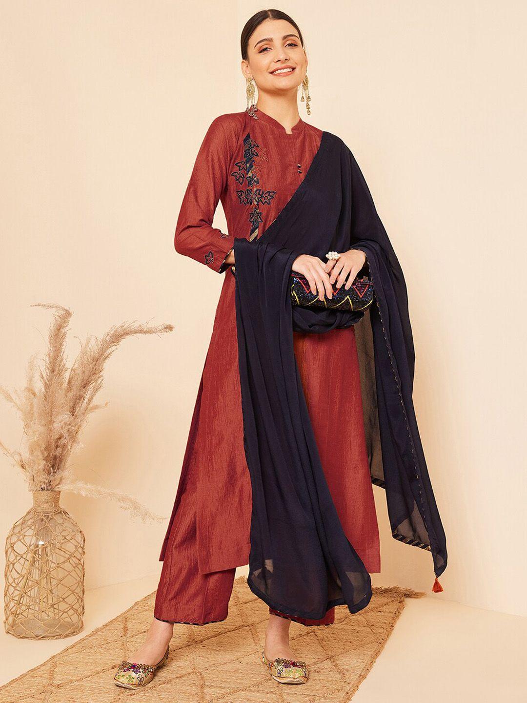 stado floral embroidered pure cotton a-line kurta with trousers & with dupatta