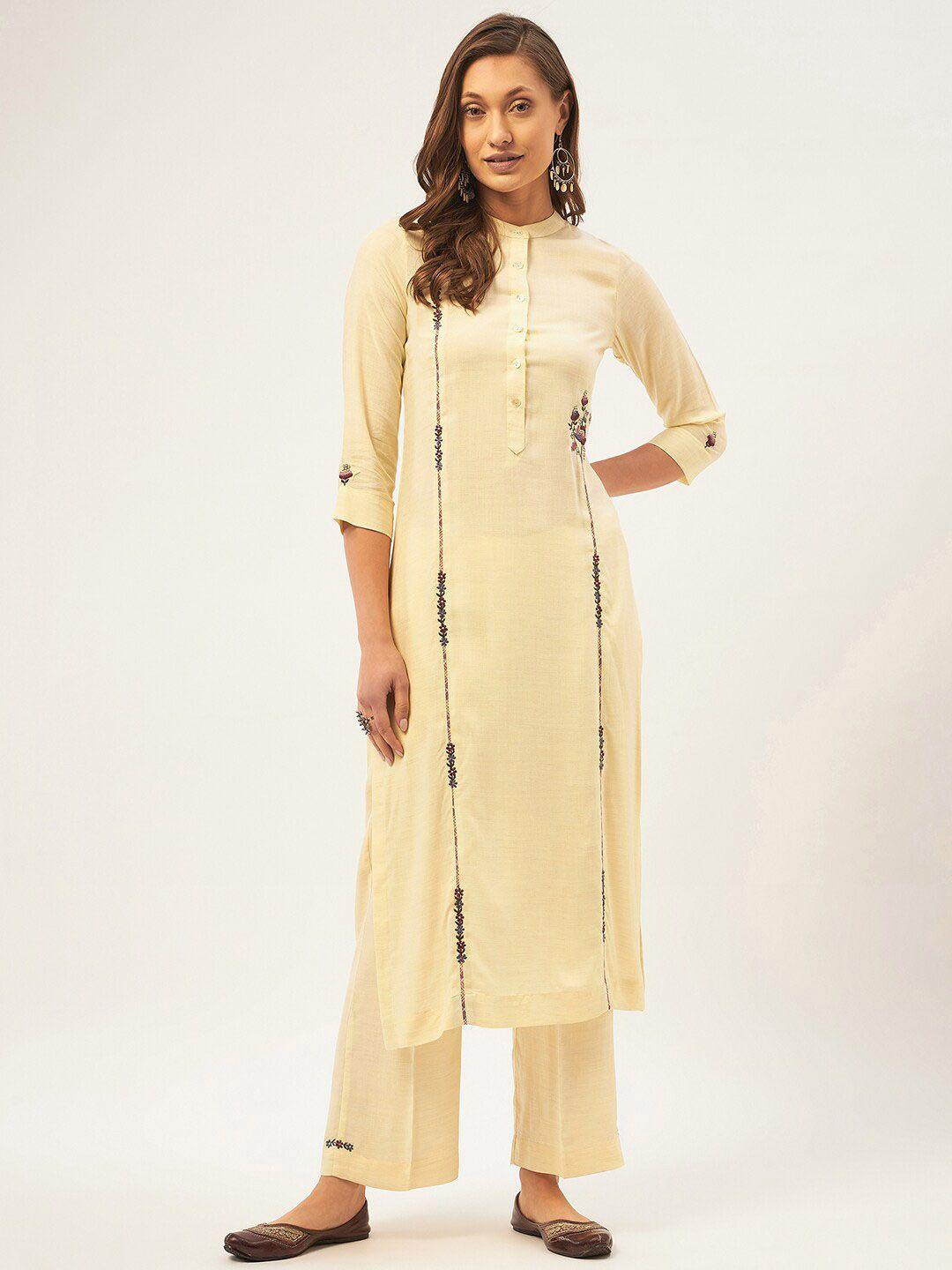 stado floral embroidered thread work detailed pure cotton straight kurta with palazzo