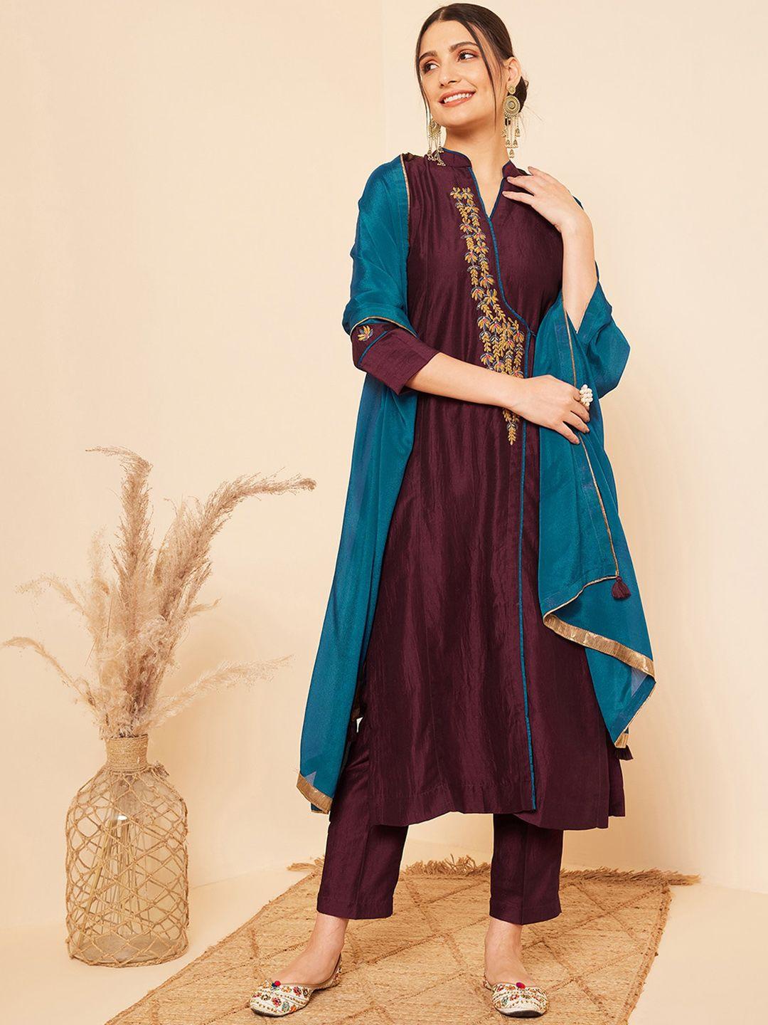 stado mandarin collar floral embroidered kurta with trousers & dupatta