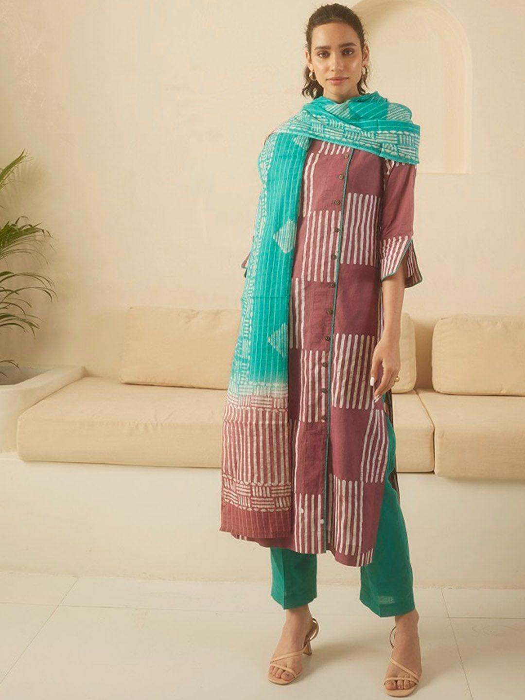 stado mandarin collar slit sleeves geometric printed kurta with trousers & dupatta