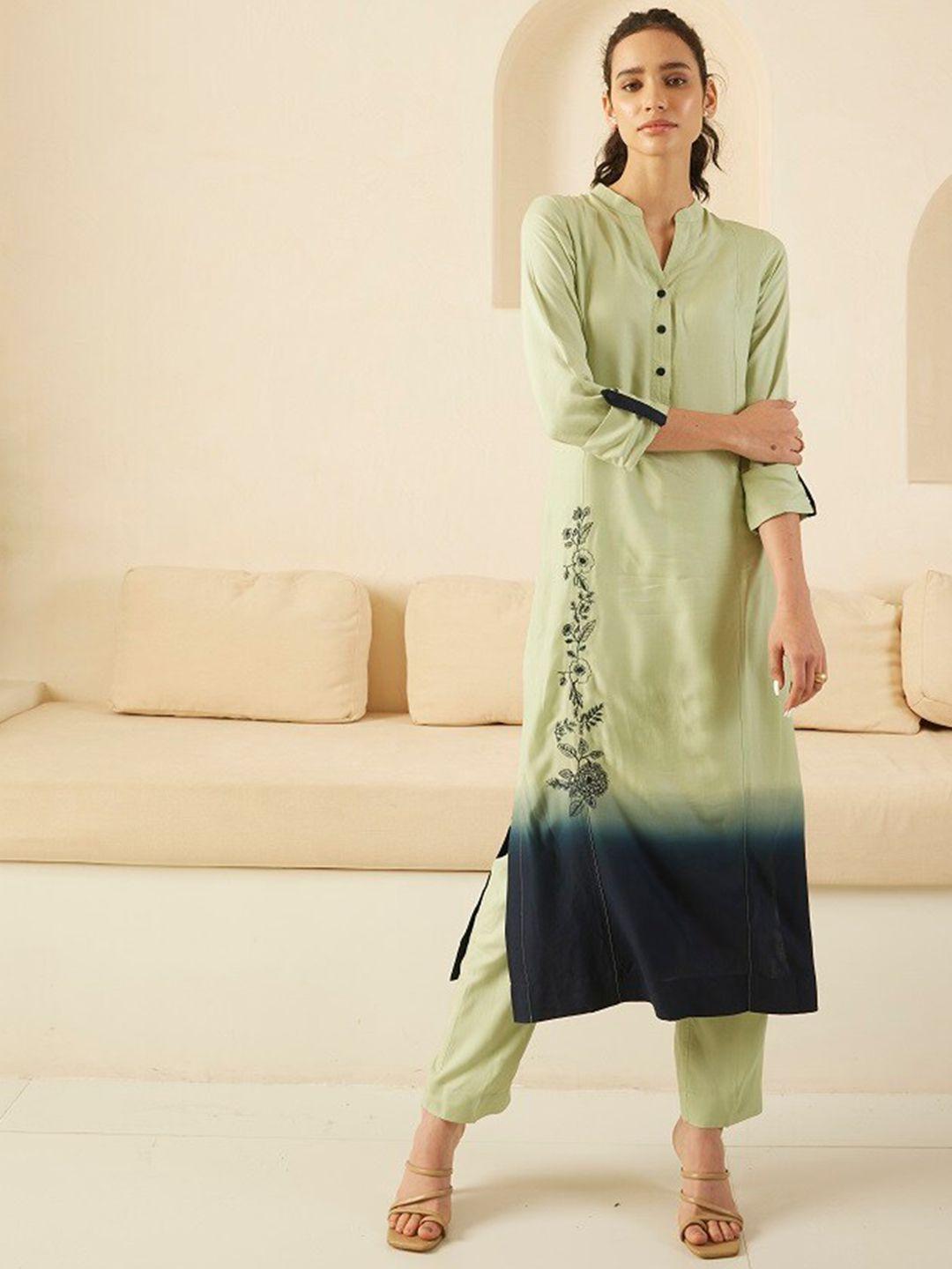 stado ombre dyed thread work roll up sleeves regular pure cotton kurta with palazzos