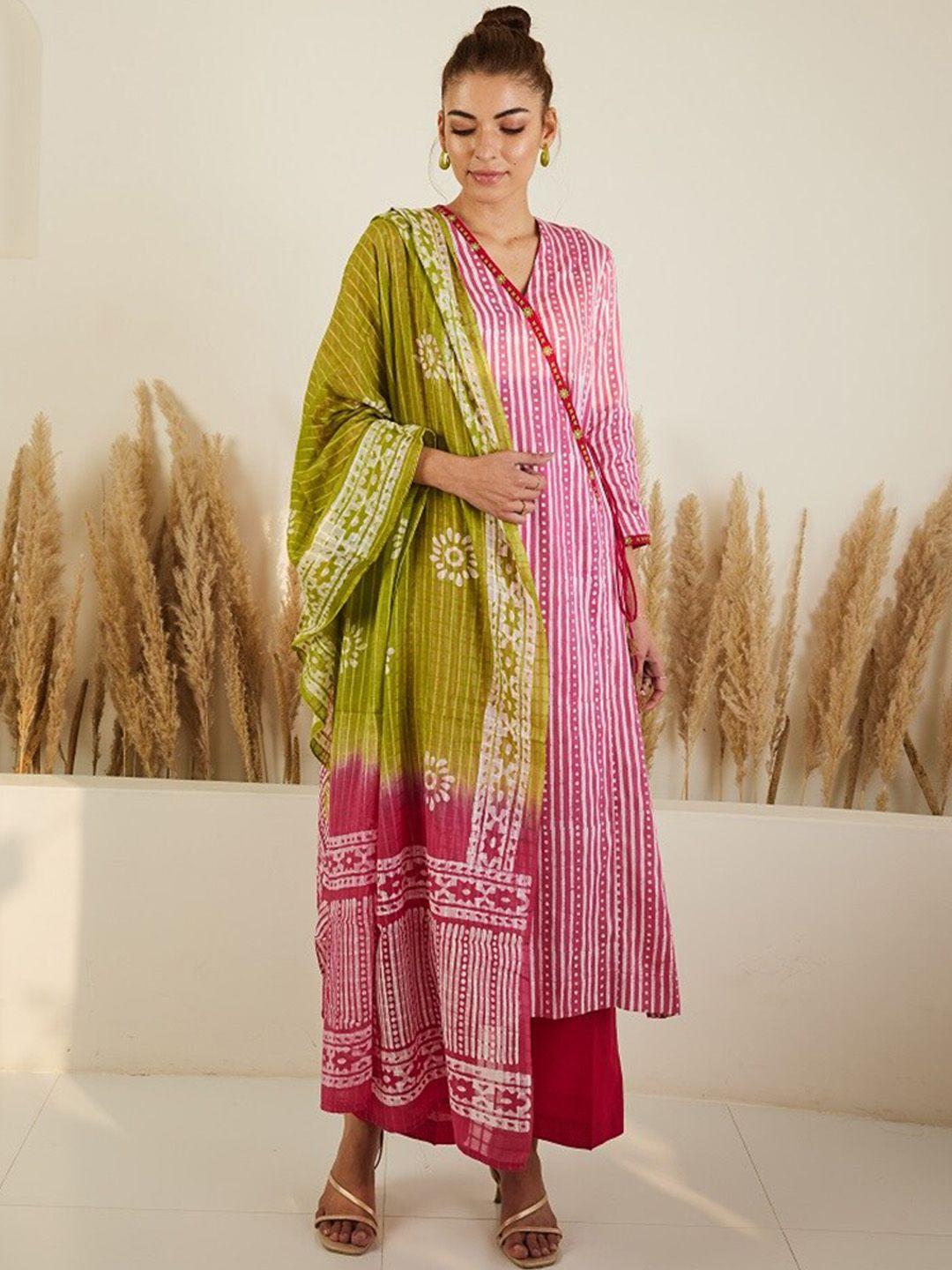 stado striped angrakha pure cotton kurta with palazzos & dupatta