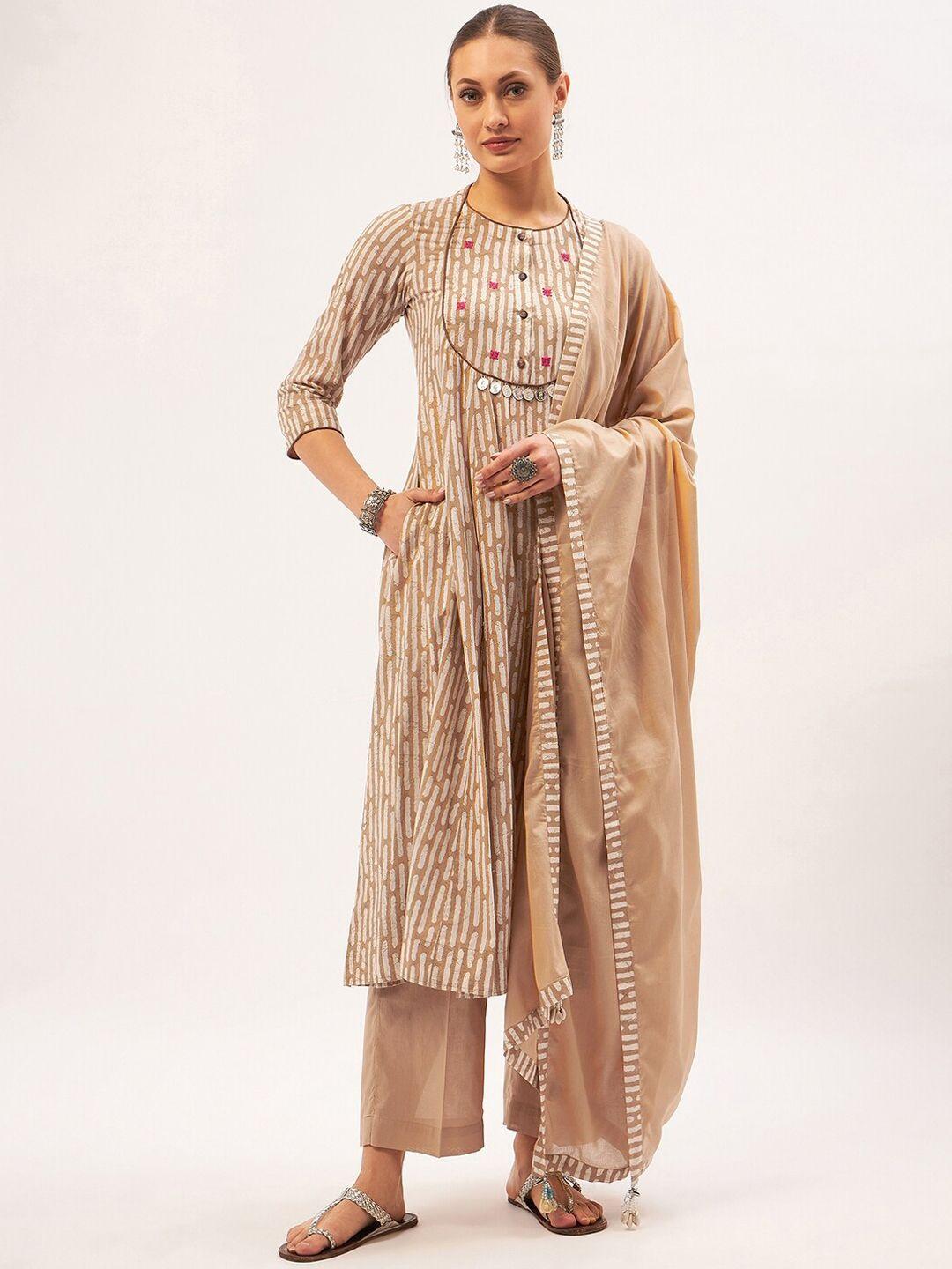 stado striped block printed anarkali thread work pure cotton kurta with palazzos & dupatta