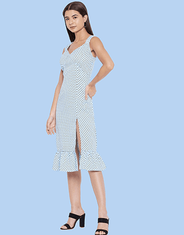 stalk polka dot sweetheart neck slit dress