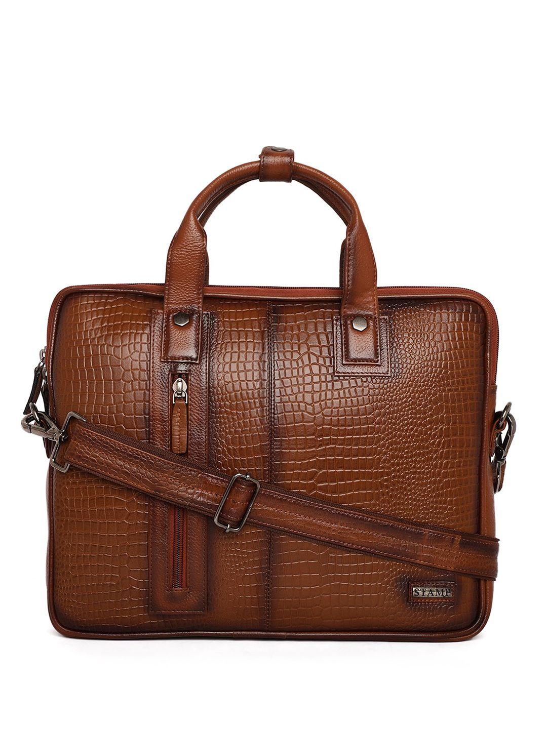 stamp unisex tan leather laptop bag