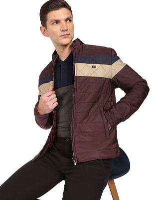 stand collar colour block polyester puffer jacket
