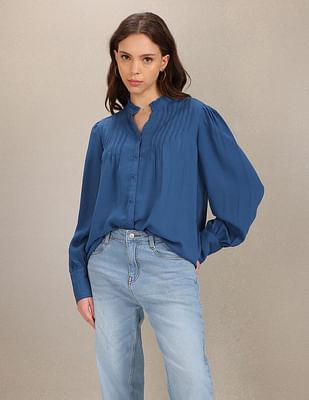 stand collar pleated solid top