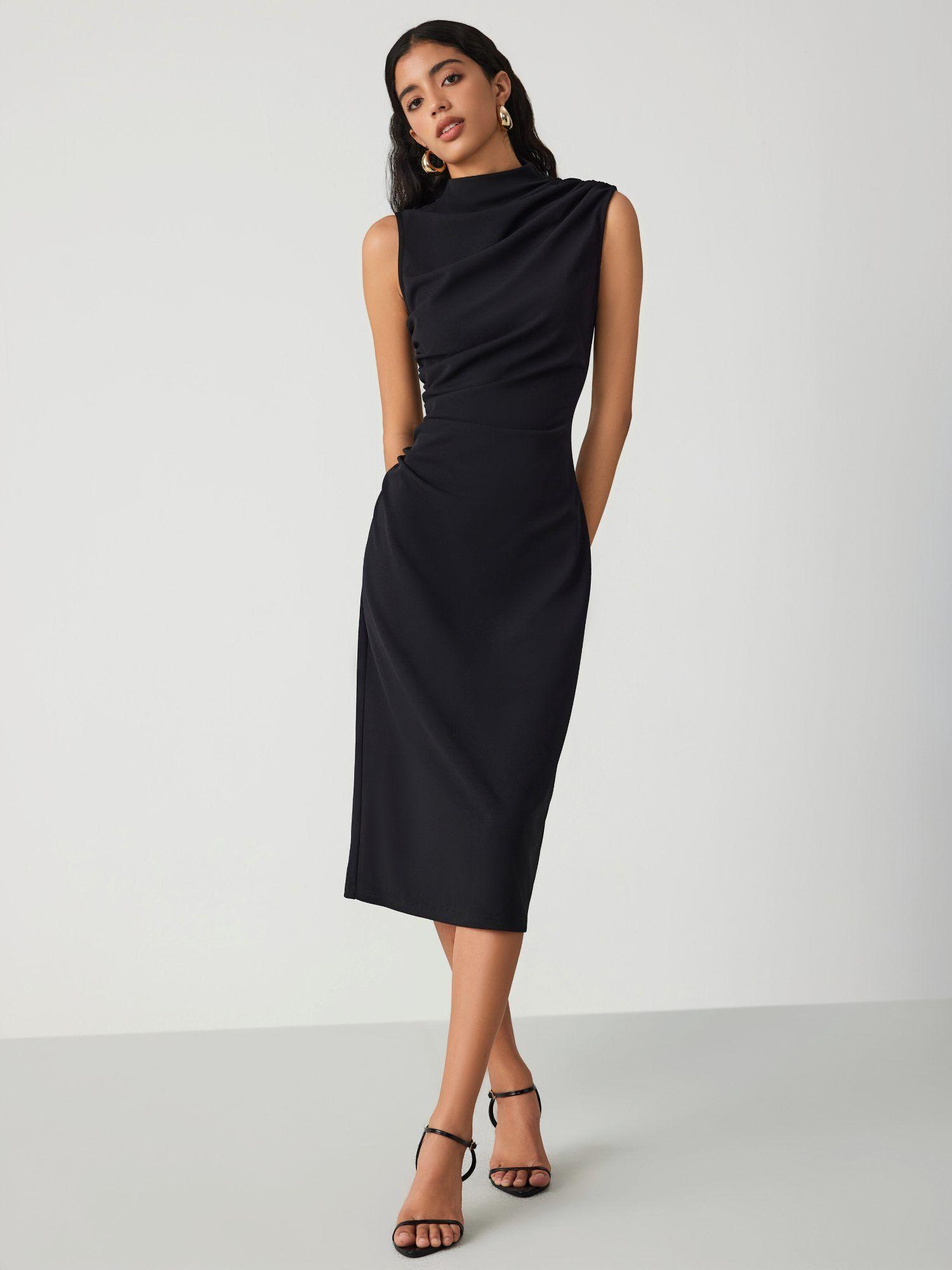 stand collar ruched midi dress