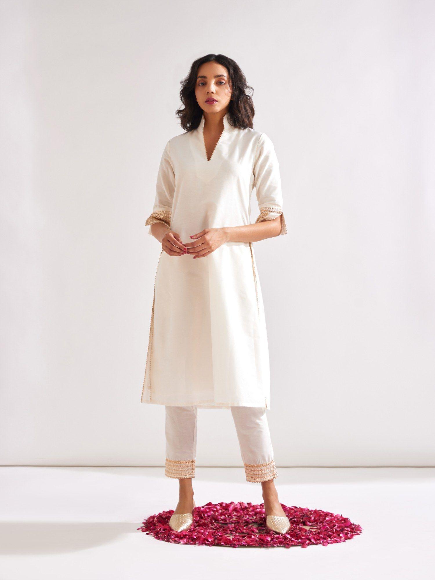 stand collar straight kurta highlighted with gota patti - ivory