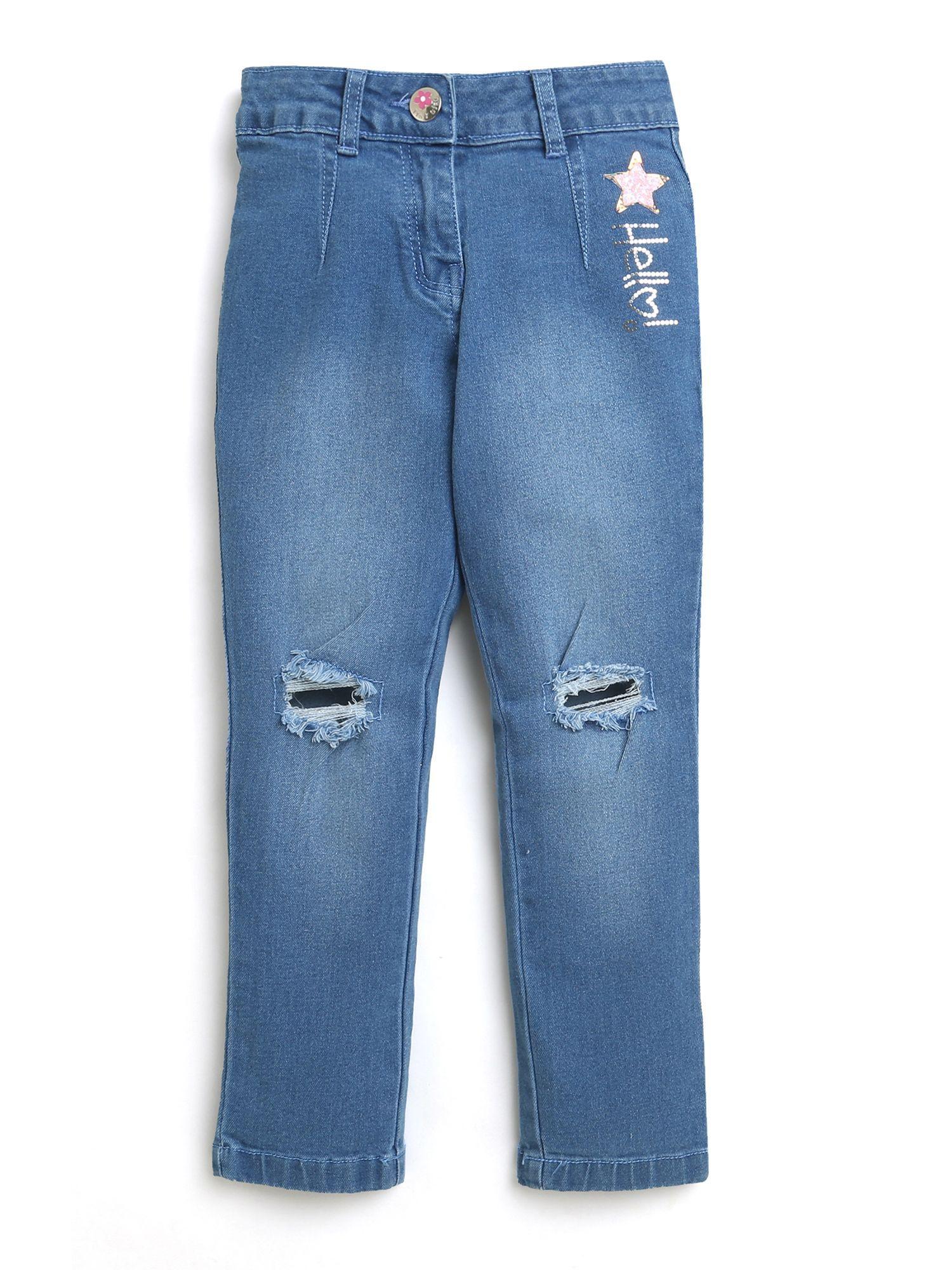 star embellished ripped knees distress detail jeans - blue