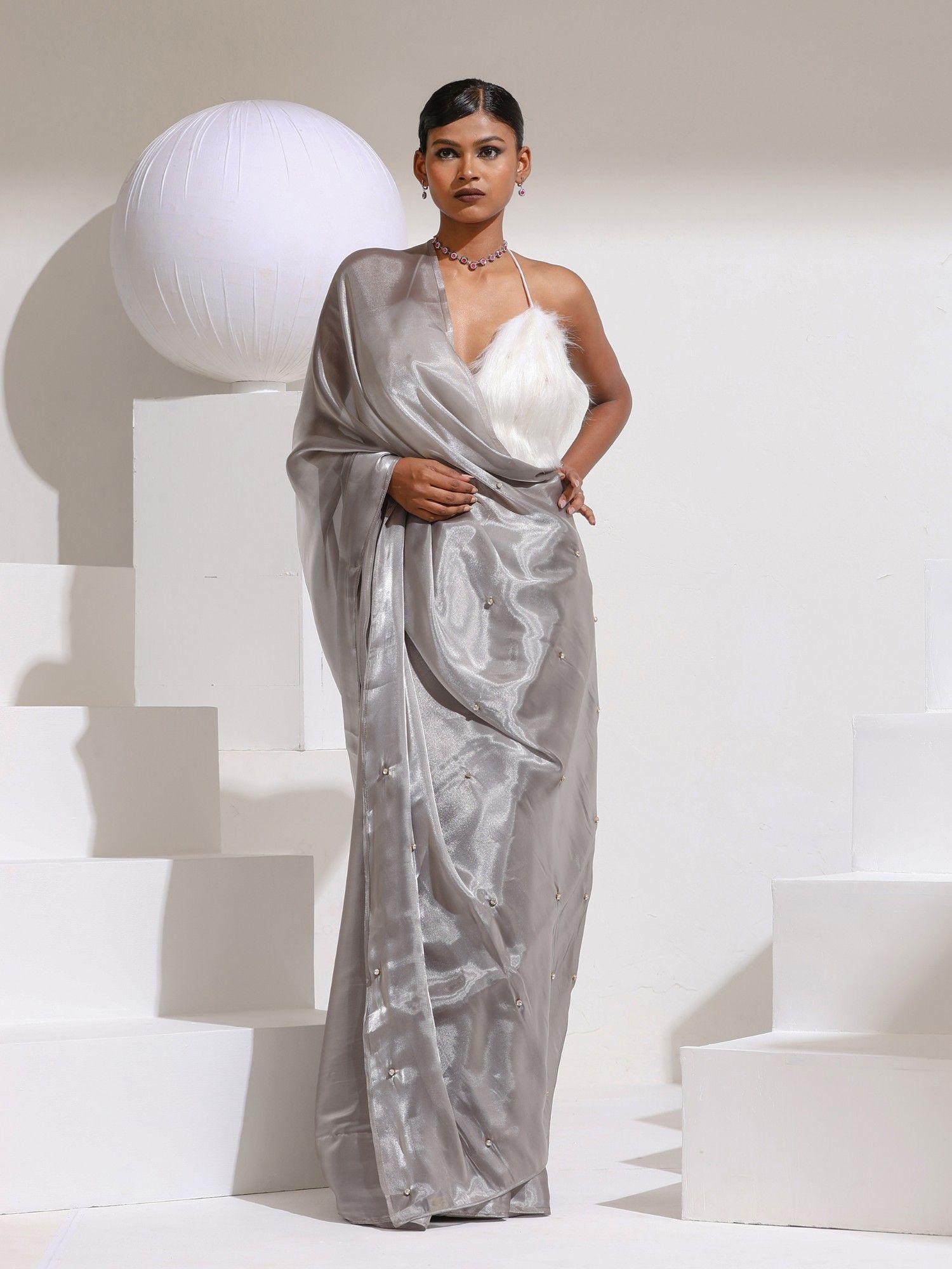 star galaxy grey organza satin saree with beads on pallu with unstitched blouse