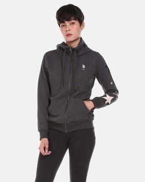 star print zip-front hoodie with kangaroo pocket