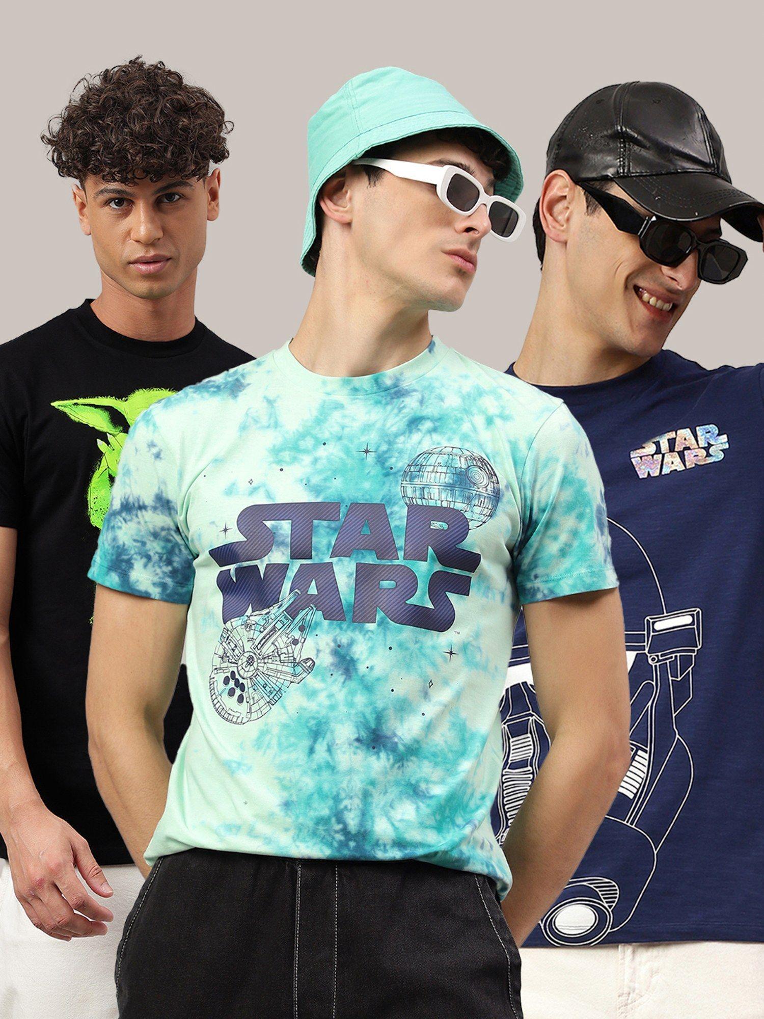 star wars printed regular fit multicolor cotton men t-shirt (pack of 3)
