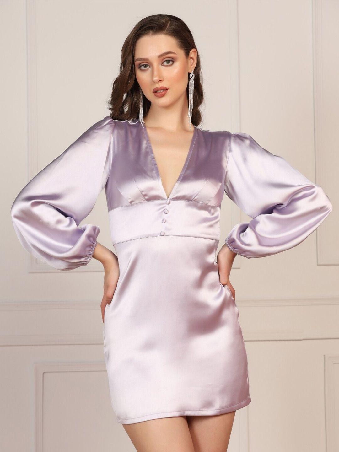 starin lavender bishop sleeve satin bodycon mini dress