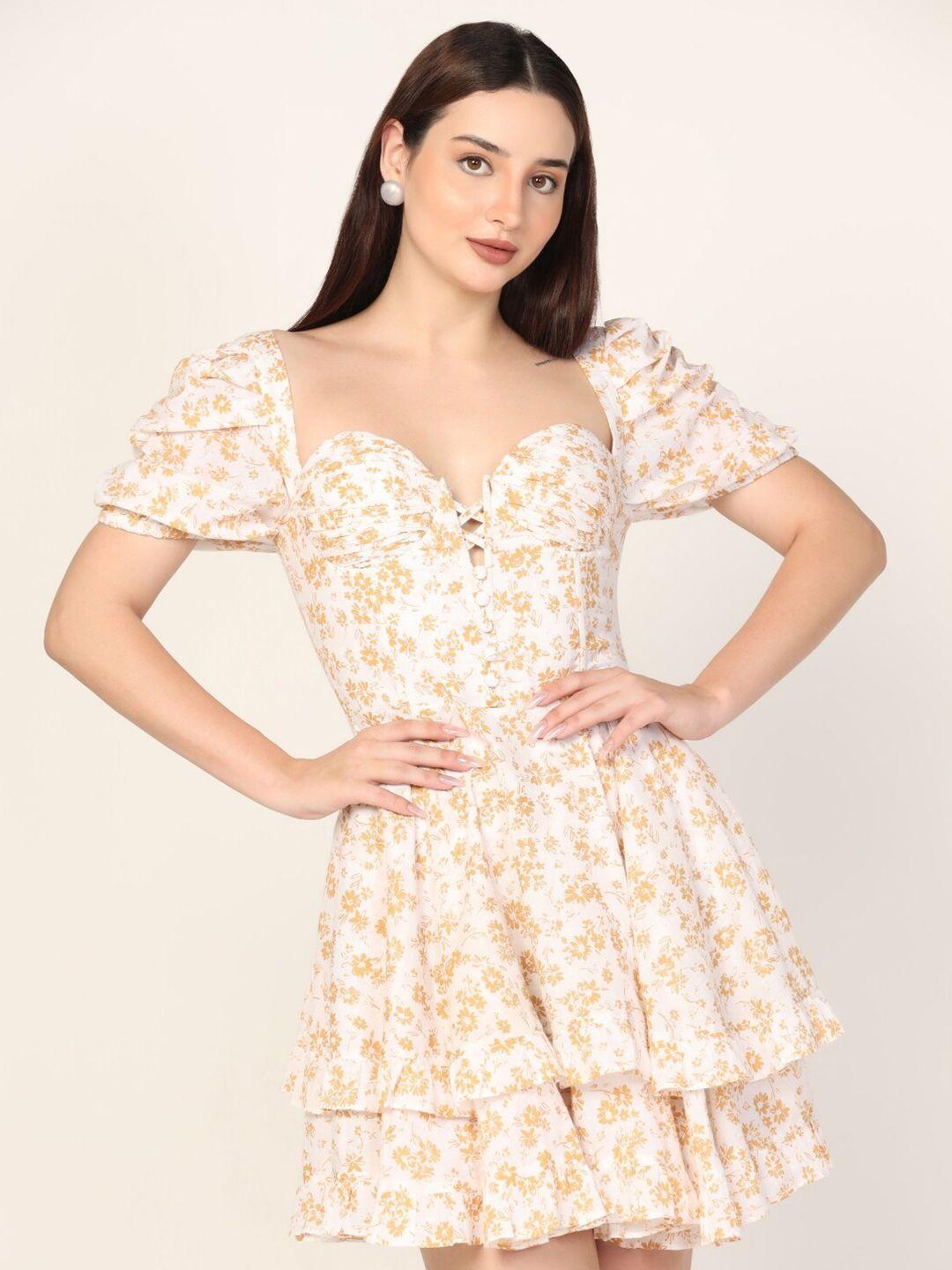 starin white & gold-toned print a-line dress