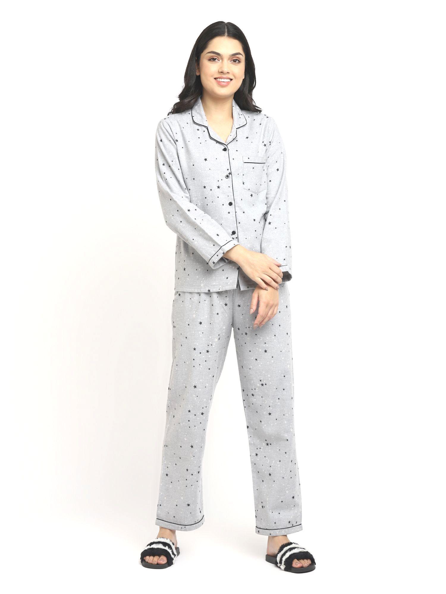 stars print cotton flannel long sleeve women's night suit - grey