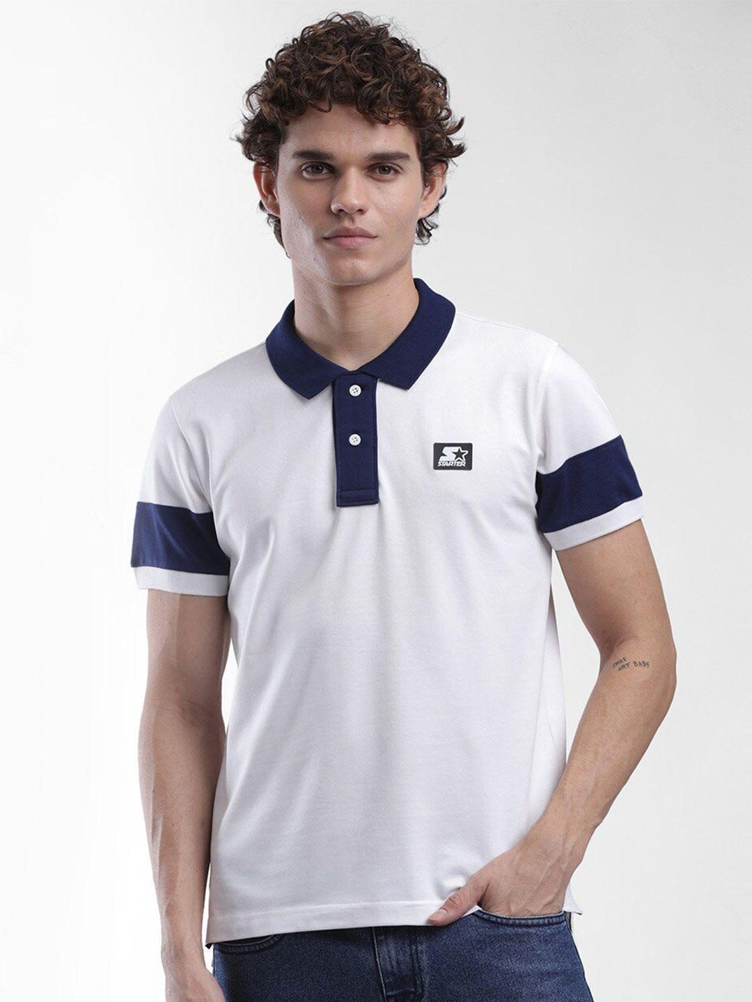 starter men white & blue colourblocked polo collar t-shirt