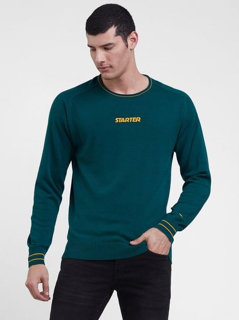 starter green regular fit round neck printed cotton sweater