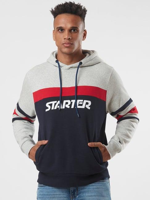 starter grey & navy regular fit hooded sweatshirt