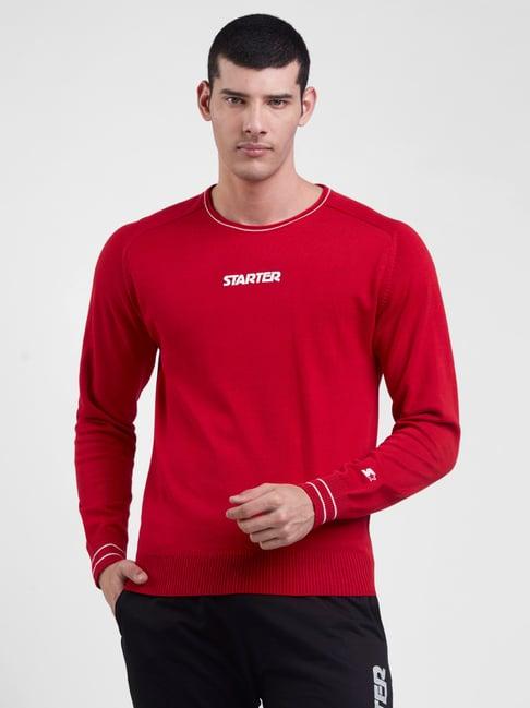 starter red regular fit round neck printed cotton sweater