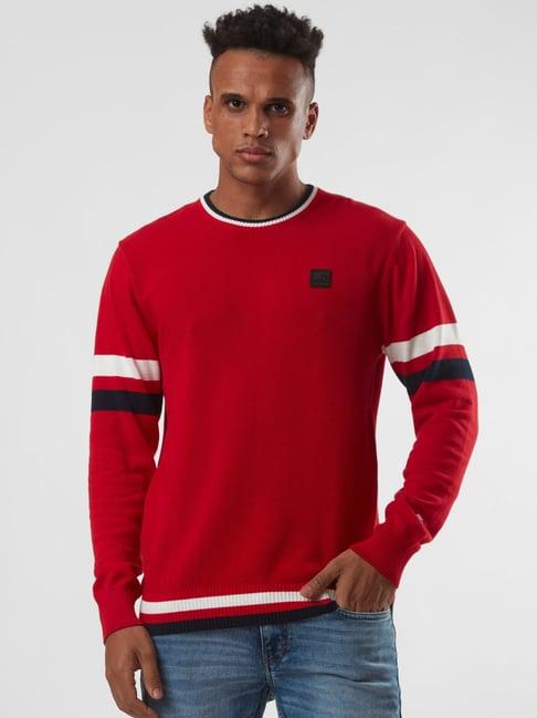 starter red regular fit round neck striped cotton sweater