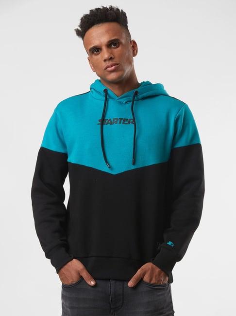 starter teal & black regular fit hooded sweatshirt