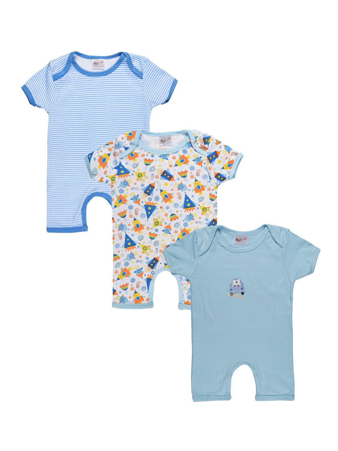 starters pack of 3 infants blue & white printed 100% cotton rompers