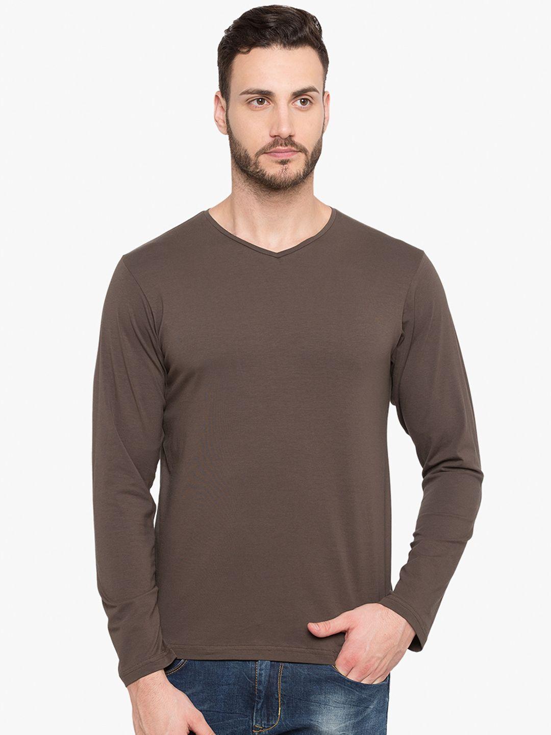 status quo men olive brown solid slim fit v-neck pure cotton t-shirt