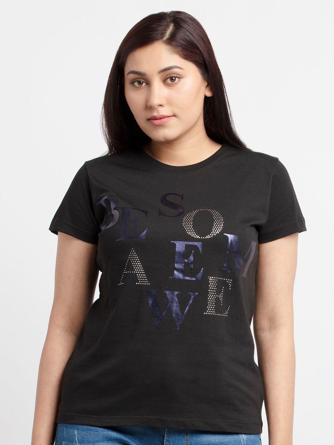 status quo women black & navy blue typography printed cotton t-shirt