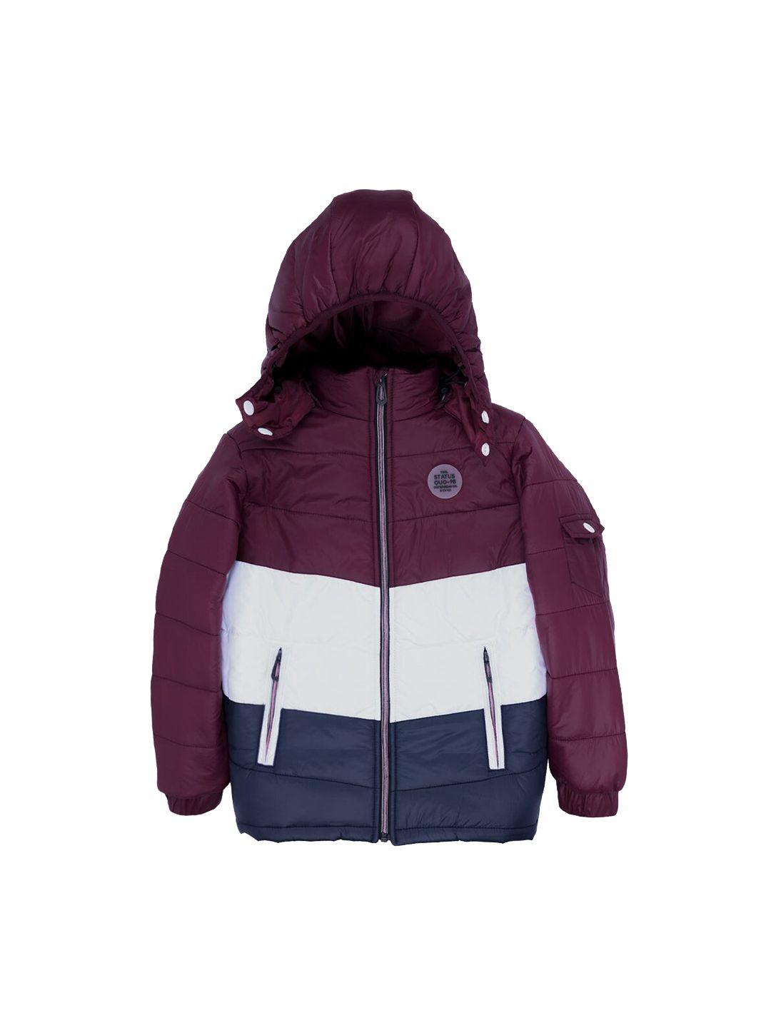 status quo boys maroon colourblocked puffer jacket with patchwork