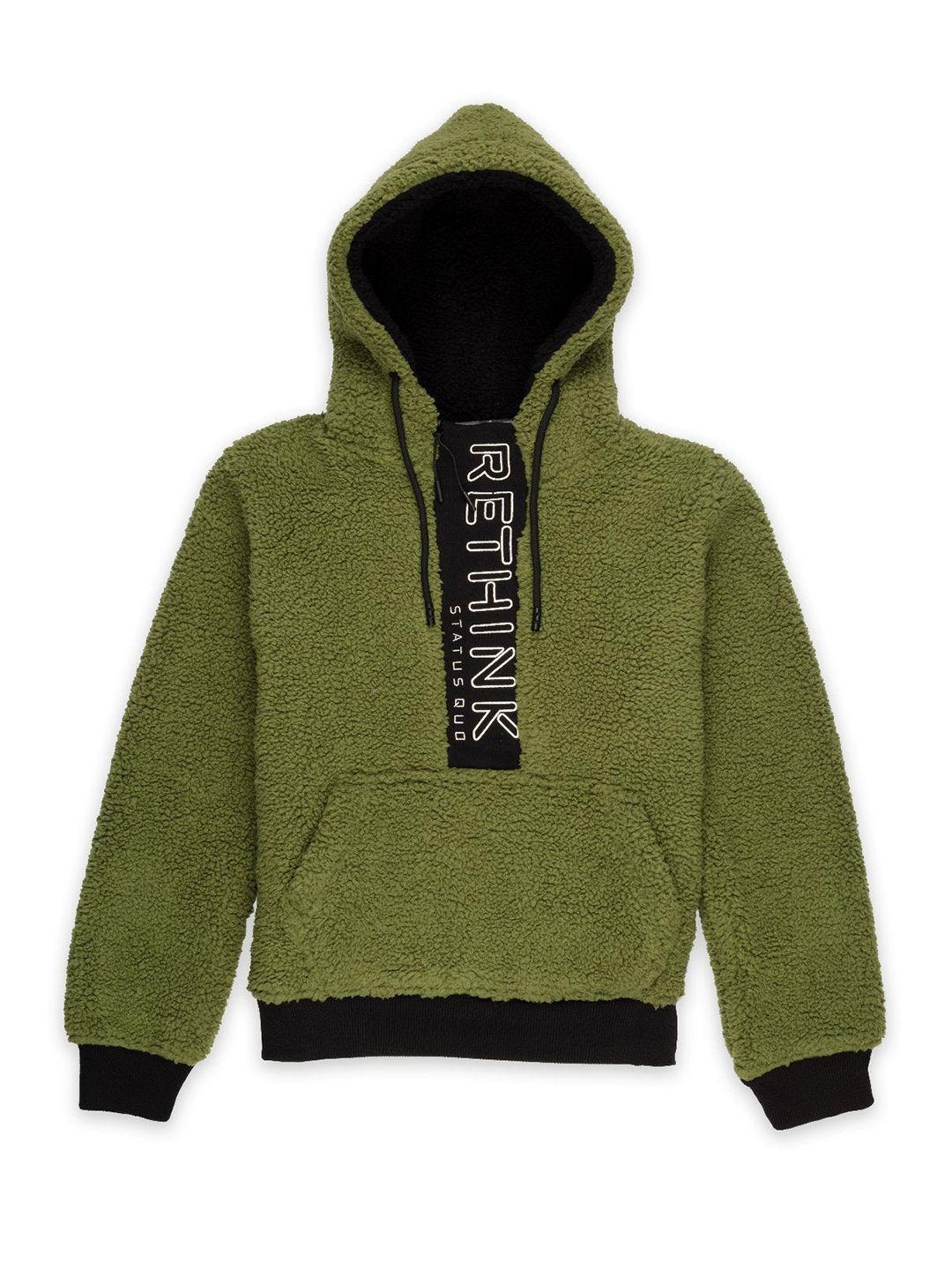 status quo boys olive green printed hooded cotton sweatshirt