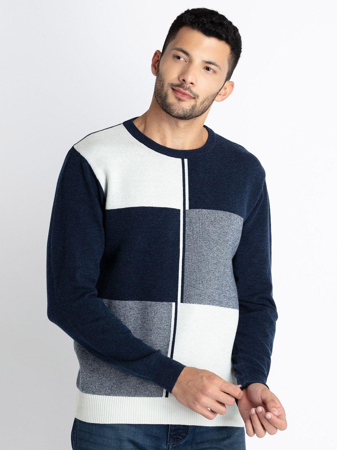 status quo colourblocked round neck acrylic pullover sweater