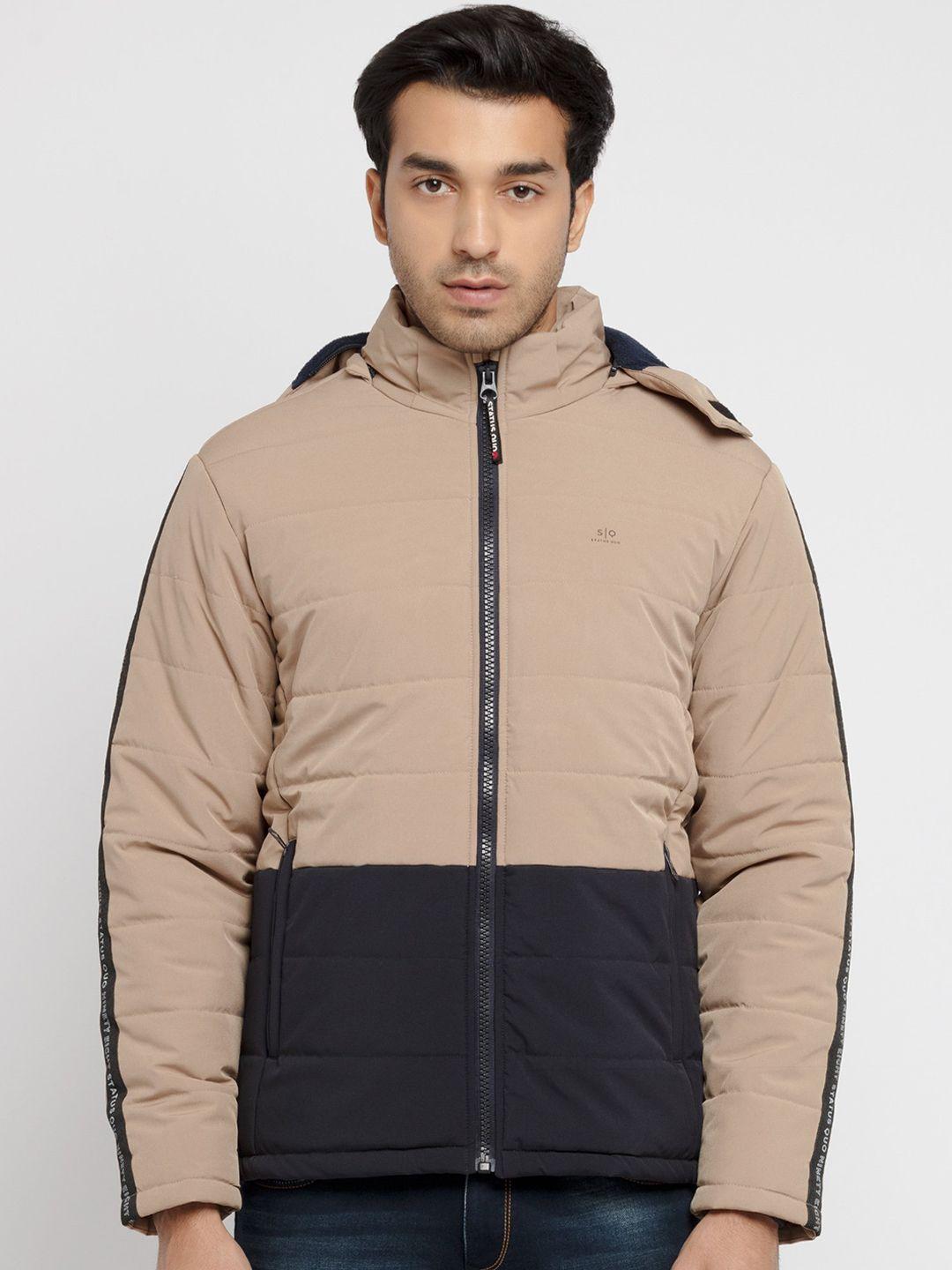 status quo men beige black colourblocked hooded padded jacket