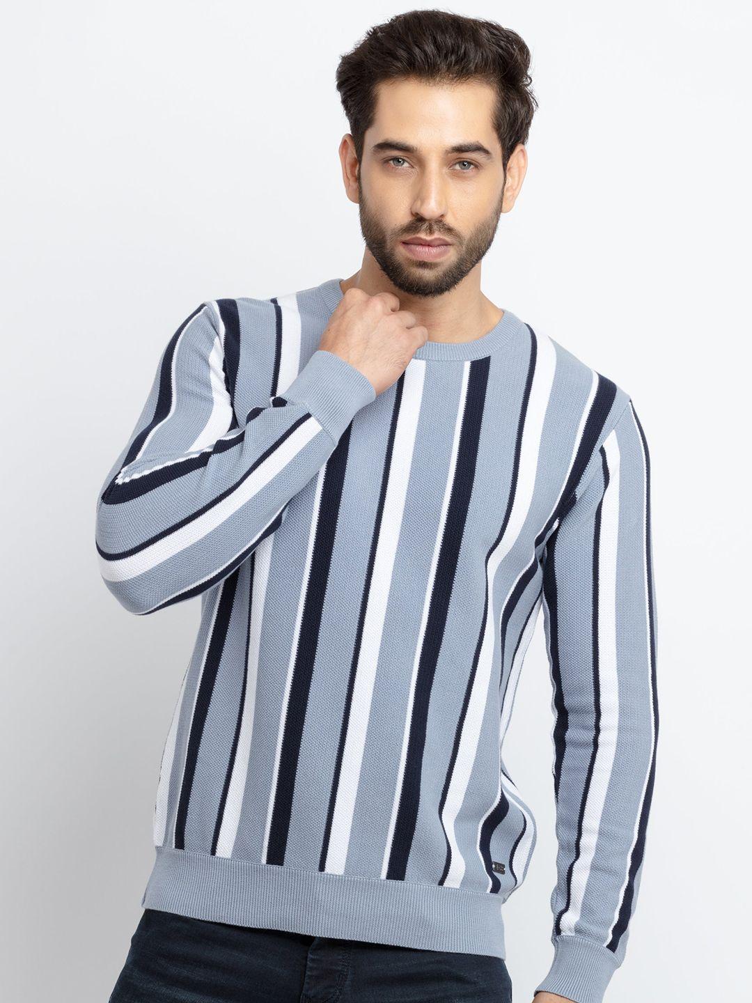 status quo men blue & white striped cotton pullover sweater