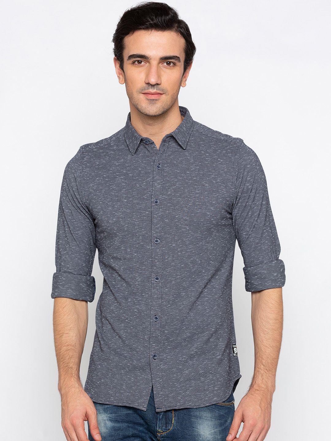 status quo men blue slim fit self design casual shirt