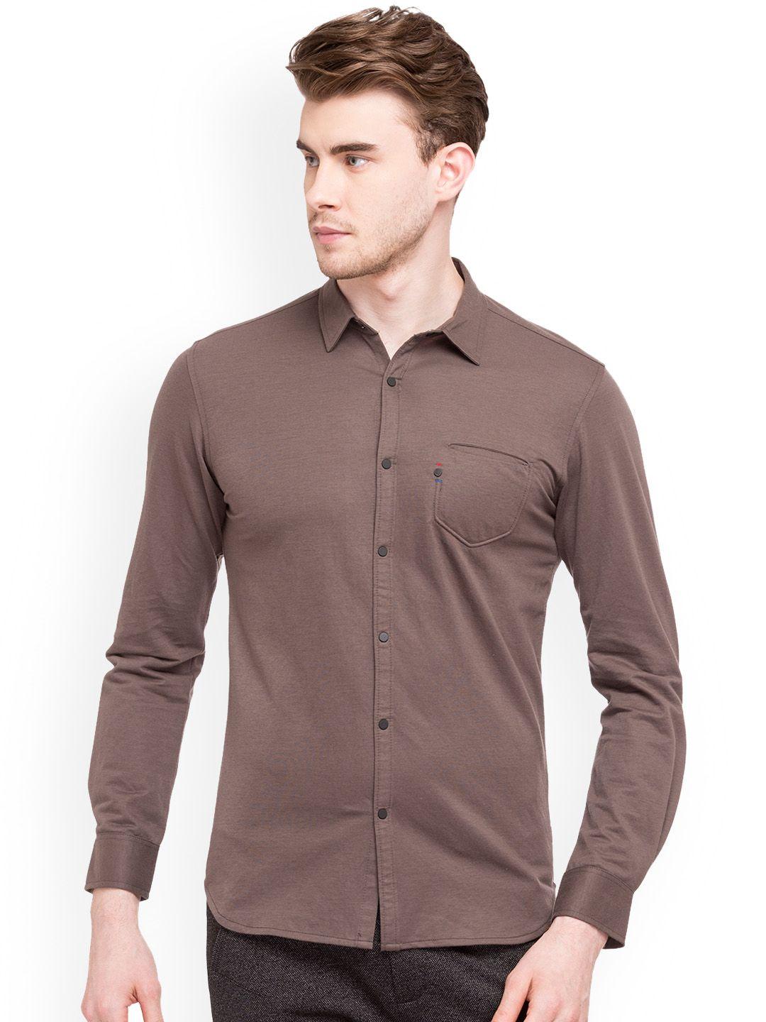 status quo men brown comfort slim fit solid casual shirt